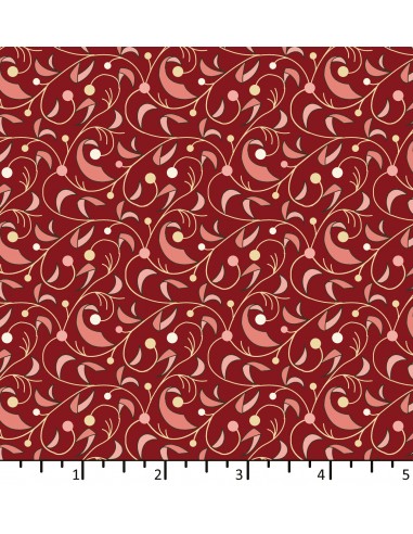 Tessuto Rosso Borgogna con foglie e...