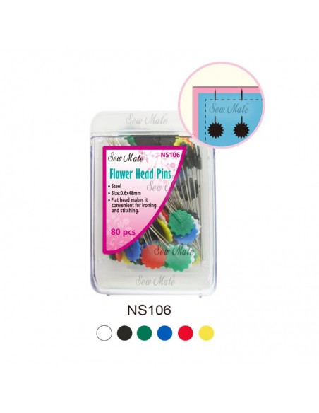 80 Spilli con Testa Piatta a Fiore da 0,6 x 48 mm con Cassettino - Flower Head Pins Sew Mate - 2