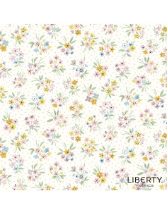 Heirloom Spring, Beatrice Bouquet, Tessuto con piccoli bouquet in colori pastello su fondo panna con pois rosa - Liberty Fabric