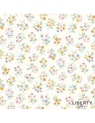 Heirloom Spring, Beatrice Bouquet, Tessuto con piccoli bouquet in colori pastello su fondo panna con pois rosa - Liberty Fabric 
