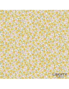 Heirloom Spring, Etty Rose, Tessuto con fitto tappeto di rose gialle e margherite rosa su fondo panna - Liberty Fabrics Liberty