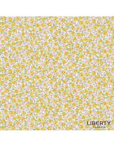 Heirloom Spring, Etty Rose, Tessuto con fitto tappeto di rose gialle e margherite rosa su fondo panna - Liberty Fabrics Liberty 