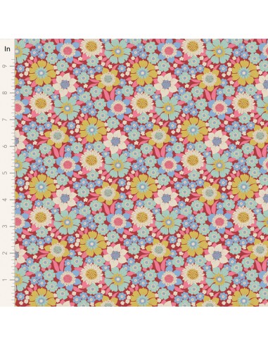 Tilda Wallflower Lauren Burgundy, Tessuto Rosso Borgogna Muro di Fiori Tilda Fabrics - 1