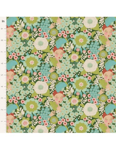 Tilda Wallflower Wallflower Green, Tessuto Verde Muro di Fiori con Donne Tilda Fabrics - 1