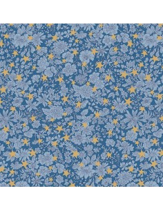 Festive Greetings, Emily Star, Tessuto blu con fiori tono su tono e stelle dorate - Liberty Fabrics Liberty Fabrics - 1