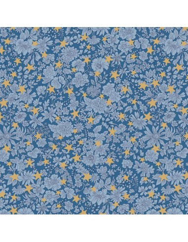 Festive Greetings, Emily Star, Tessuto blu con fiori tono su tono e stelle dorate - Liberty Fabrics Liberty Fabrics - 1