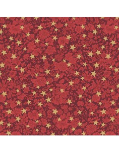 Festive Greetings, Emily Star, Tessuto rosso con fiori tono su tono e stelle dorate - Liberty Fabrics Liberty Fabrics - 1