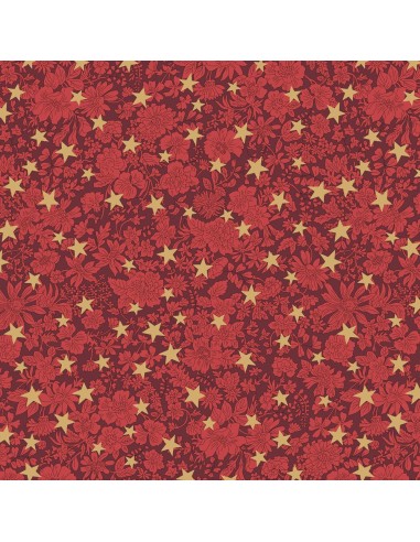 Festive Greetings, Emily Star, Tessuto rosso con fiori tono su tono e stelle dorate - Liberty Fabrics Liberty Fabrics - 1