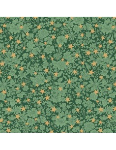 Festive Greetings, Emily Star, Tessuto verde con fiori tono su tono e stelle dorate - Liberty Fabrics Liberty Fabrics - 1