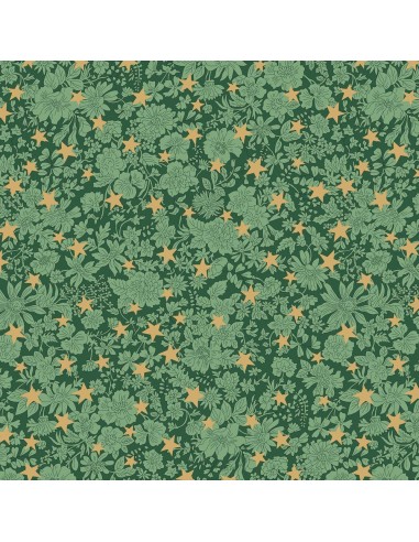Festive Greetings, Emily Star, Tessuto verde con fiori tono su tono e stelle dorate - Liberty Fabrics Liberty Fabrics - 1