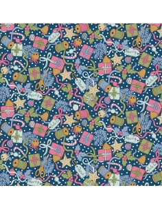 Festive Greetings, Festive Gifting, Tessuto blu con pacchetti di Natale e altri disegni - Liberty Fabrics Liberty Fabrics - 1