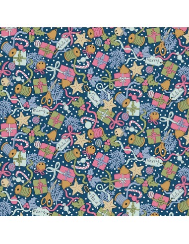 Festive Greetings, Festive Gifting, Tessuto blu con pacchetti di Natale e altri disegni - Liberty Fabrics Liberty Fabrics - 1