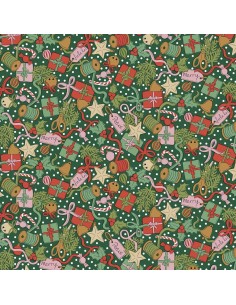 Festive Greetings, Festive Gifting, Tessuto verde con pacchetti di Natale e altri disegni - Liberty Fabrics Liberty Fabrics - 1