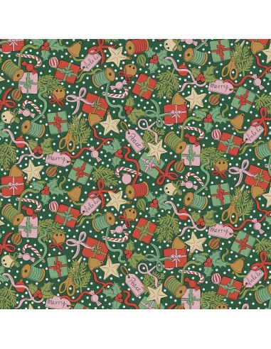 Festive Greetings, Festive Gifting, Tessuto verde con pacchetti di Natale e altri disegni - Liberty Fabrics Liberty Fabrics - 1