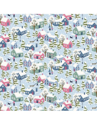 Festive Greetings, Festive Village, Tessuto azzurro con villaggio innevato - Liberty Fabrics Liberty Fabrics - 1