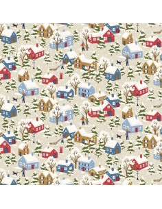 Festive Greetings, Festive Village, Tessuto beige con villaggio innevato - Liberty Fabrics Liberty Fabrics - 1