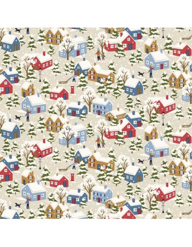 Festive Greetings, Festive Village, Tessuto beige con villaggio innevato - Liberty Fabrics Liberty Fabrics - 1