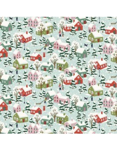 Festive Greetings, Festive Village, Tessuto verde acqua con villaggio innevato - Liberty Fabrics Liberty Fabrics - 1
