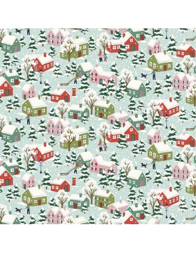 Festive Greetings, Festive Village, Tessuto verde acqua con villaggio innevato - Liberty Fabrics Liberty Fabrics - 1