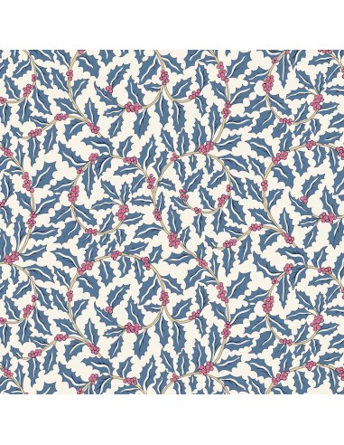 Festive Greetings, Swirling Holly, Tessuto panna con pungitopo blu - Liberty Fabrics Liberty Fabrics - 1