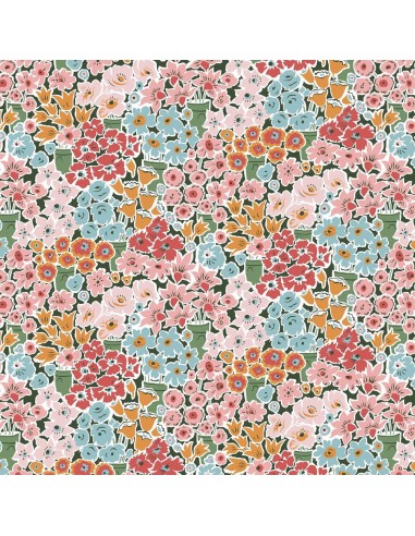 Tudor Celebration, Rossellie Blooms, Tessuto fondo blu con fitti vasi di fiori in rosa e teal - Liberty Fabrics Liberty Fabrics 