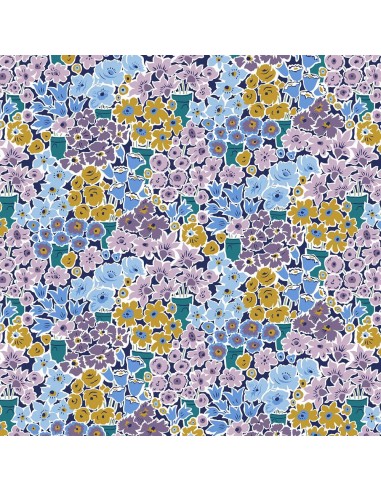 Tudor Celebration, Rossellie Blooms, Tessuto fondo blu con fitti vasi di fiori in viola e azzurro - Liberty Fabrics Liberty Fabr