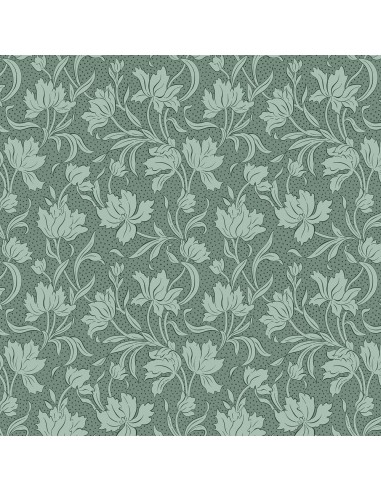 Craft Garden, Craft Blooms, Tessuto fondo verde salvia con pois neri e grandi gigli tono su tono- Liberty Fabrics Liberty Fabric
