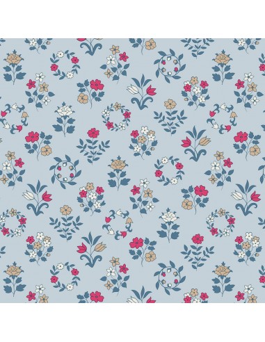 Craft Garden, Mary's Embroidery, Tessuto con piccoli bouquet e ghirlande di fiori su fondo azzurro- Liberty Fabrics Liberty Fabr