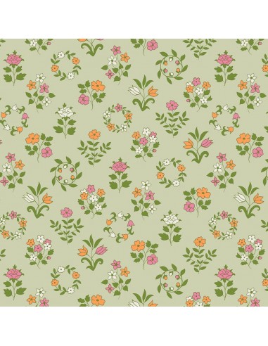 Craft Garden, Mary's Embroidery, Tessuto con piccoli bouquet e ghirlande di fiori su fondo verde chiaro- Liberty Fabrics Liberty