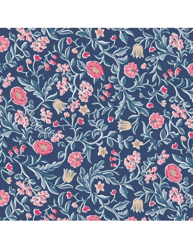 Craft Garden, May's Flowers, Tessuto con ramage di foglie e fiori su fondo blu- Liberty Fabrics Liberty Fabrics - 1