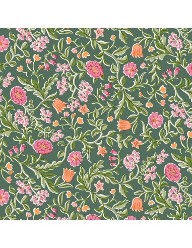 Craft Garden, May's Flowers, Tessuto con ramage di foglie e fiori su fondo verde- Liberty Fabrics Liberty Fabrics - 1