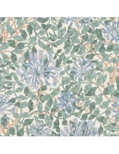 Craft Garden, Trailing Honeysuckle Wide Width, Tessuto per retro con grandi fiori di caprifoglio azzurri su fondo crema- Libert
