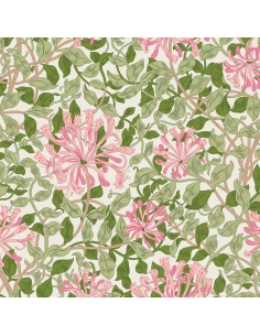Craft Garden, Trailing Honeysuckle Wide Width, Tessuto per retro con grandi fiori di caprifoglio rosa su fondo crema- Liberty F