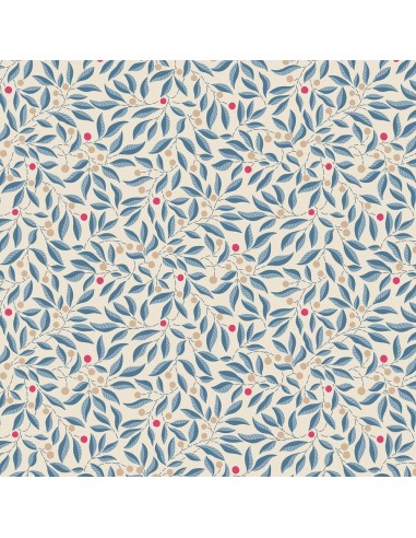 Craft Garden, Willow Stitch, Tessuto fondo crema con rametti di foglie azzurre e bacche fucsia- Liberty Fabrics Liberty Fabrics 