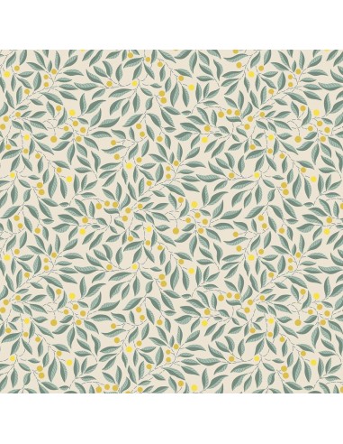 Craft Garden, Willow Stitch, Tessuto fondo crema con rametti di foglie verde salvia e bacche giallo- Liberty Fabrics Liberty Fab