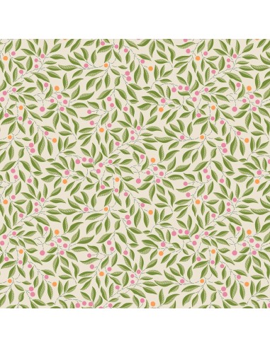 Craft Garden, Willow Stitch, Tessuto fondo crema con rametti di foglie verdi e bacche rosa - Liberty Fabrics Liberty Fabrics - 1