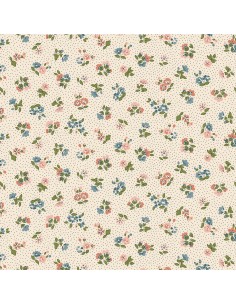 Floral Nostalgia, Flora Beatrice, Tessuto fondo crema a pois con mazzolini di fiori rosa e azzurri - Liberty Fabrics Liberty Fab