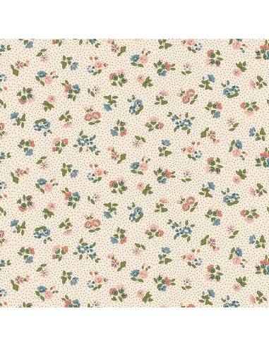 Floral Nostalgia, Flora Beatrice, Tessuto fondo crema a pois con mazzolini di fiori rosa e azzurri - Liberty Fabrics Liberty Fab