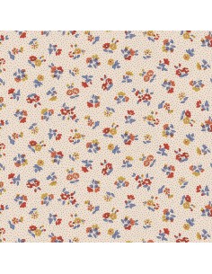 Floral Nostalgia, Flora Beatrice, Tessuto fondo crema a pois con mazzolini di fiori rossi e gialli - Liberty Fabrics Liberty Fab