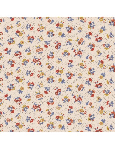 Floral Nostalgia, Flora Beatrice, Tessuto fondo crema a pois con mazzolini di fiori rossi e gialli - Liberty Fabrics Liberty Fab