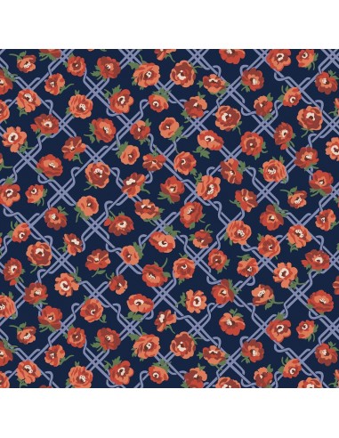 Floral Nostalgia, Rosemary Blooms, Tessuto fondo blu con rose rampicanti su un traliccio - Liberty Fabrics Liberty Fabrics - 1