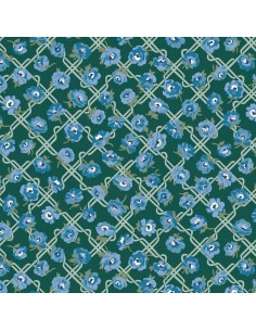 Floral Nostalgia, Rosemary Blooms, Tessuto fondo verde con rose rampicanti azzurre su un traliccio - Liberty Fabrics Liberty Fab