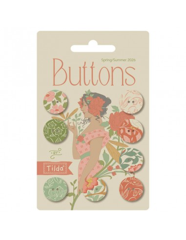 Tilda Songbird Buttons, 8 Bottoni da 16mm Rossi/Verdi Tilda Fabrics - 1