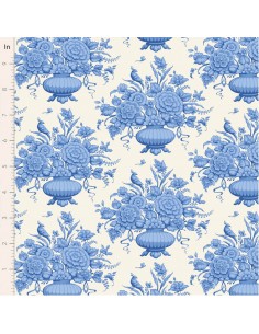 Tilda Something Blue, Afina Blue, tessuto con vasi di fiori blu su fondo crema Tilda Fabrics - 1