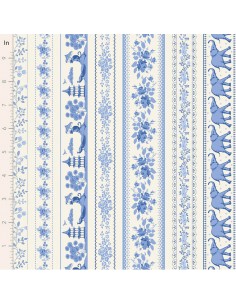 Tilda Something Blue, Borders Blue, tessuto con diversi tipi di bordi azzurri su fondo crema Tilda Fabrics - 1