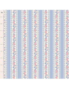 Tilda Something Blue, Claramay Blue, tessuto con righe verticali blu e bordo di fiori rosa su fondo crema Tilda Fabrics - 1