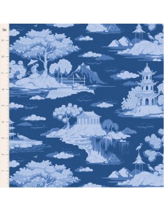 Tilda Something Blue, Cottonview Night, tessuto con paesaggi orientali  su fondo blu Tilda Fabrics - 1