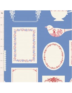Tilda Something Blue, Labels and Ornaments Blue, tessuto con etichette e disegni ornamentali  su fondo azzurro Tilda Fabrics - 1