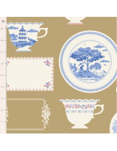 Tilda Something Blue, Labels and Ornaments Ochre, tessuto con etichette e disegni ornamentali  su fondo ocra Tilda Fabrics - 1