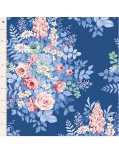 Tilda Something Blue, Whimsyflower Night, tessuto con grandi fiori rosa e azzurri su fondo blu Tilda Fabrics - 1